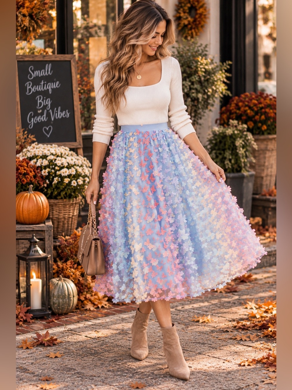 Umgee Pastel Butterfly Midi Skirt - Light Blue, Pink & Cream